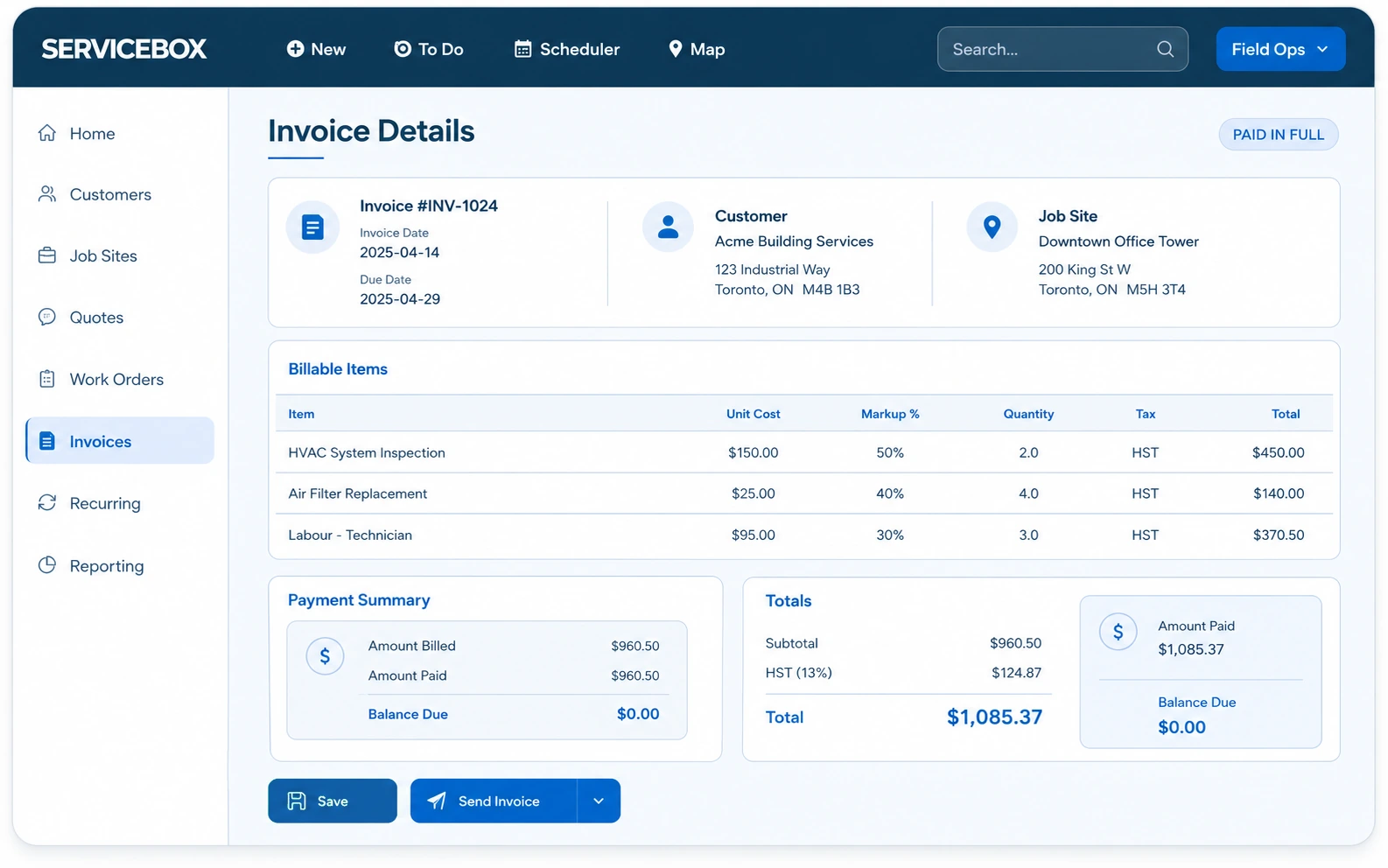 ServiceBox invoice details showing billable items and payment summary.