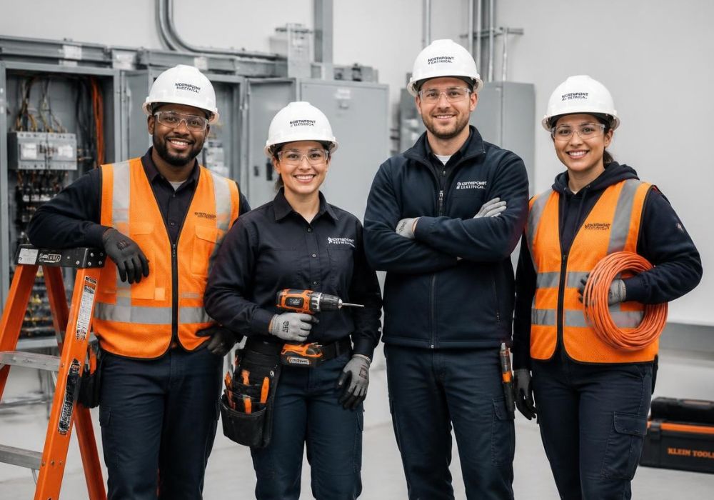 Commercial electrical field service team standing together on a job site