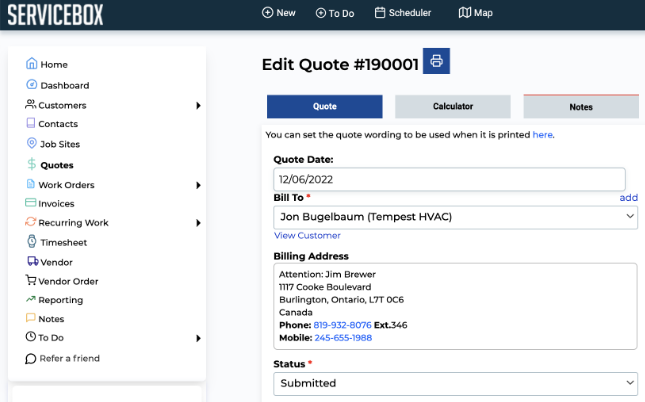 ServiceBox quote with the customer, billing address and status for an electrical job