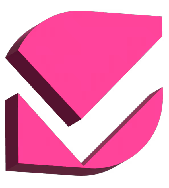 A bold magenta abstract shape with a white check mark cutting through it, forming a stylized, geometric design on a light gray background.
