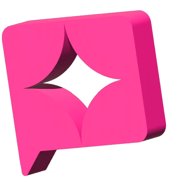 A bright pink speech bubble with rounded corners and a white, four-pointed star shape in the center, created by the curved cutouts from each side.