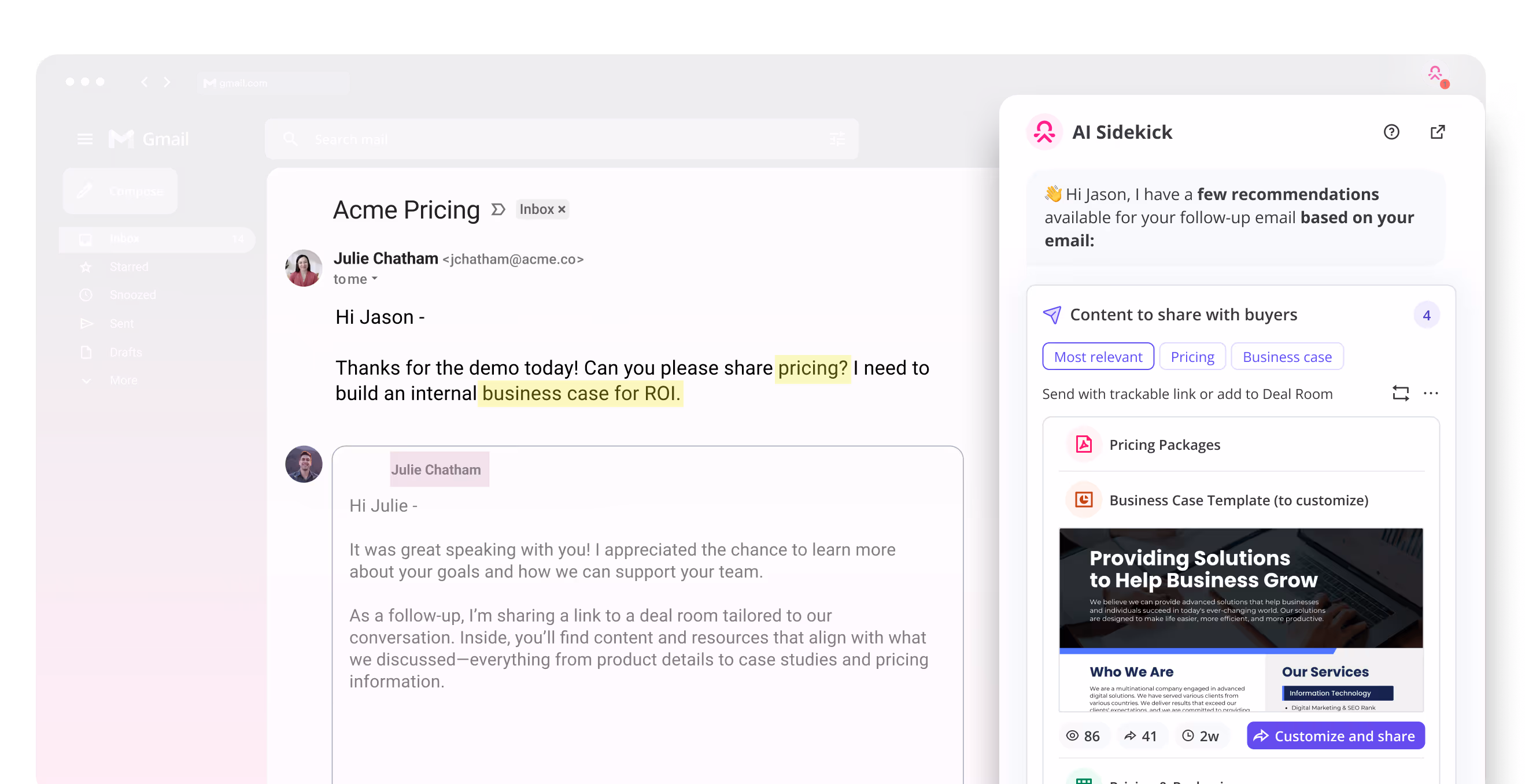 Screenshot of an email requesting pricing and ROI info, with Spekit AI Sidekick sidebar giving sales enablement recommendations.