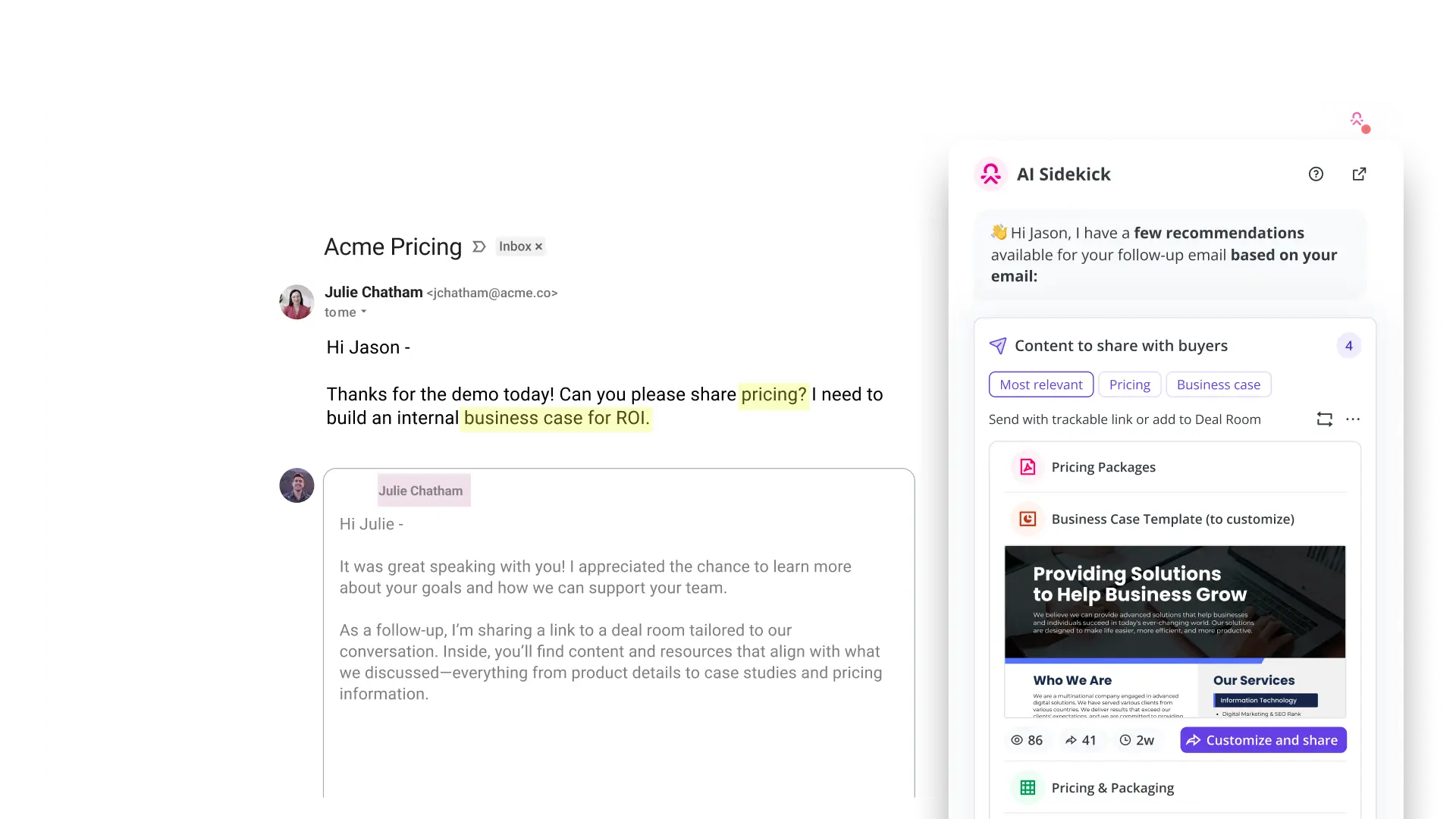Screenshot of an email requesting pricing and ROI info, with Spekit AI Sidekick sidebar giving sales enablement recommendations.