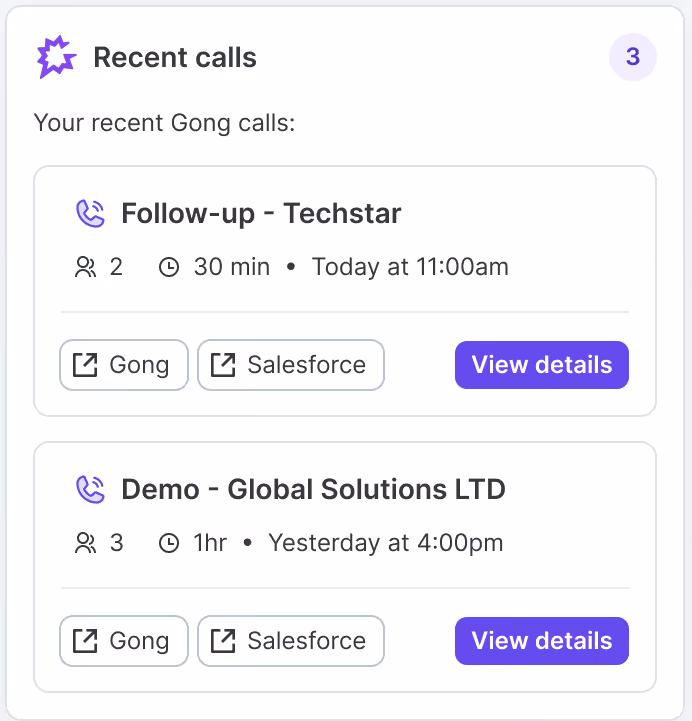 Dashboard showing recent Gong calls with two entries: Follow-up with Techstar for 30 minutes today at 11:00 am with 2 participants, and Demo with Global Solutions LTD for 1 hour yesterday at 4:00 pm with 3 participants, each having buttons for Gong, Salesforce, and View details.