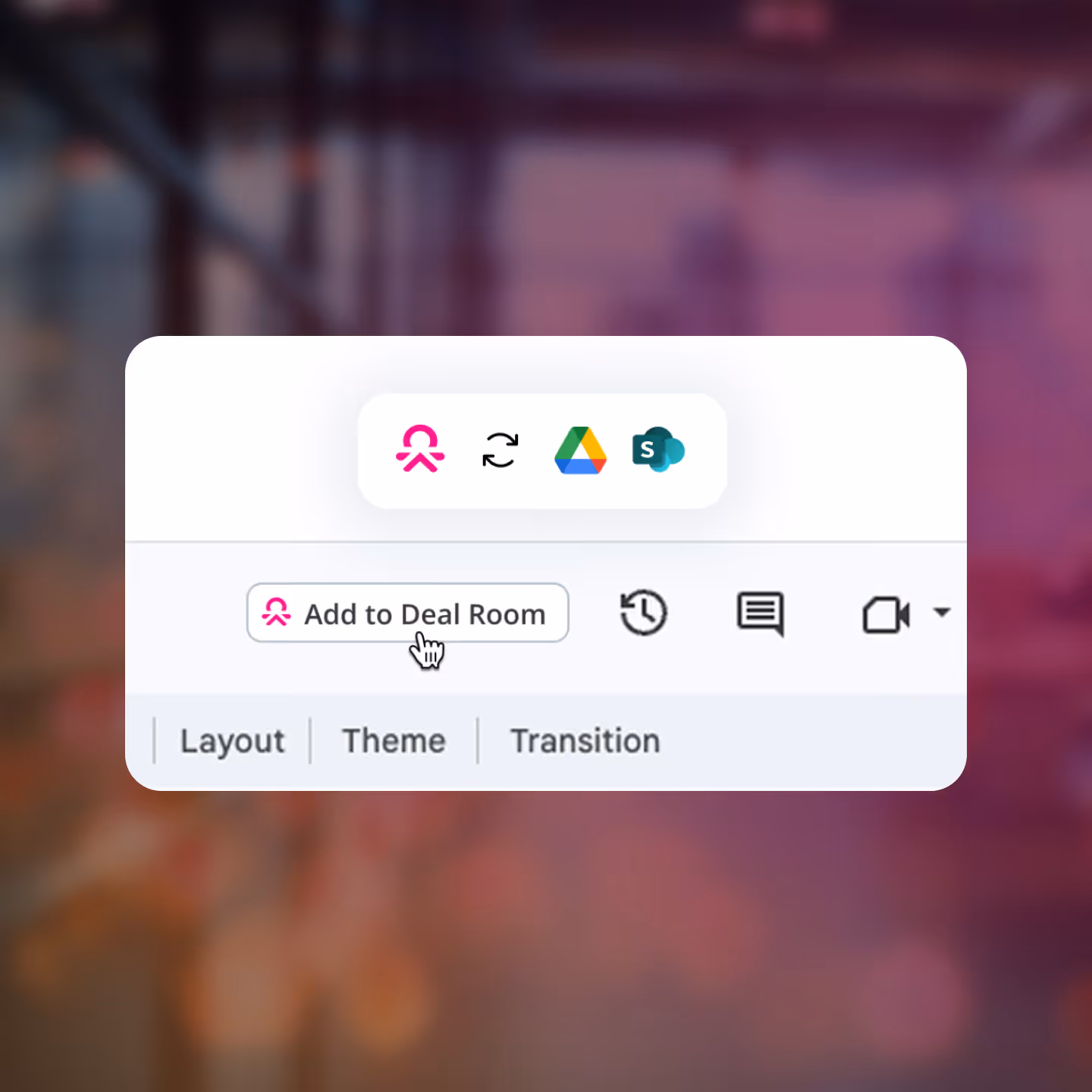 Cursor hovering over a button labeled 'Add to Deal Room' with icons for syncing and integration with Google Drive and SharePoint above.