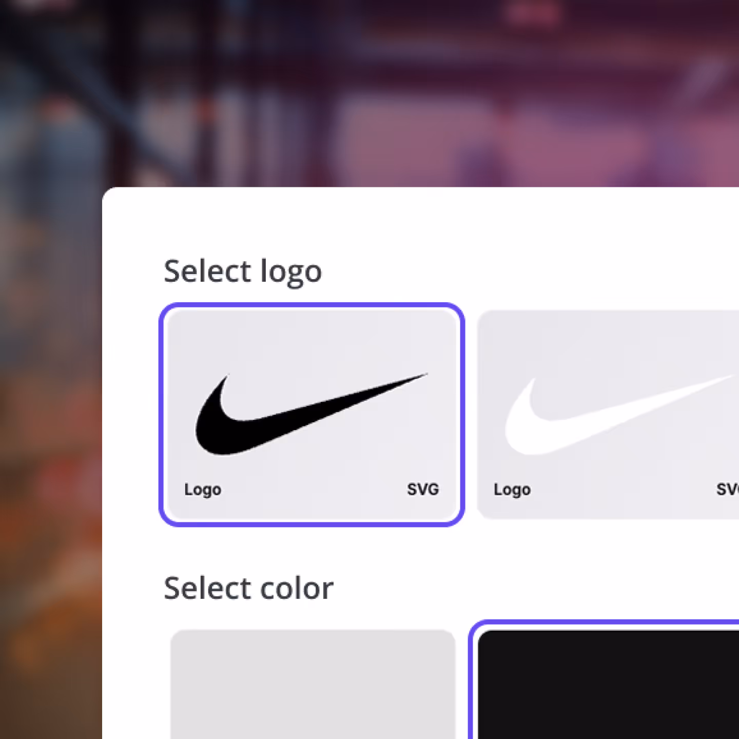 User interface showing options to select a logo featuring two Nike swoosh icons, one black and one white, and options to select color.