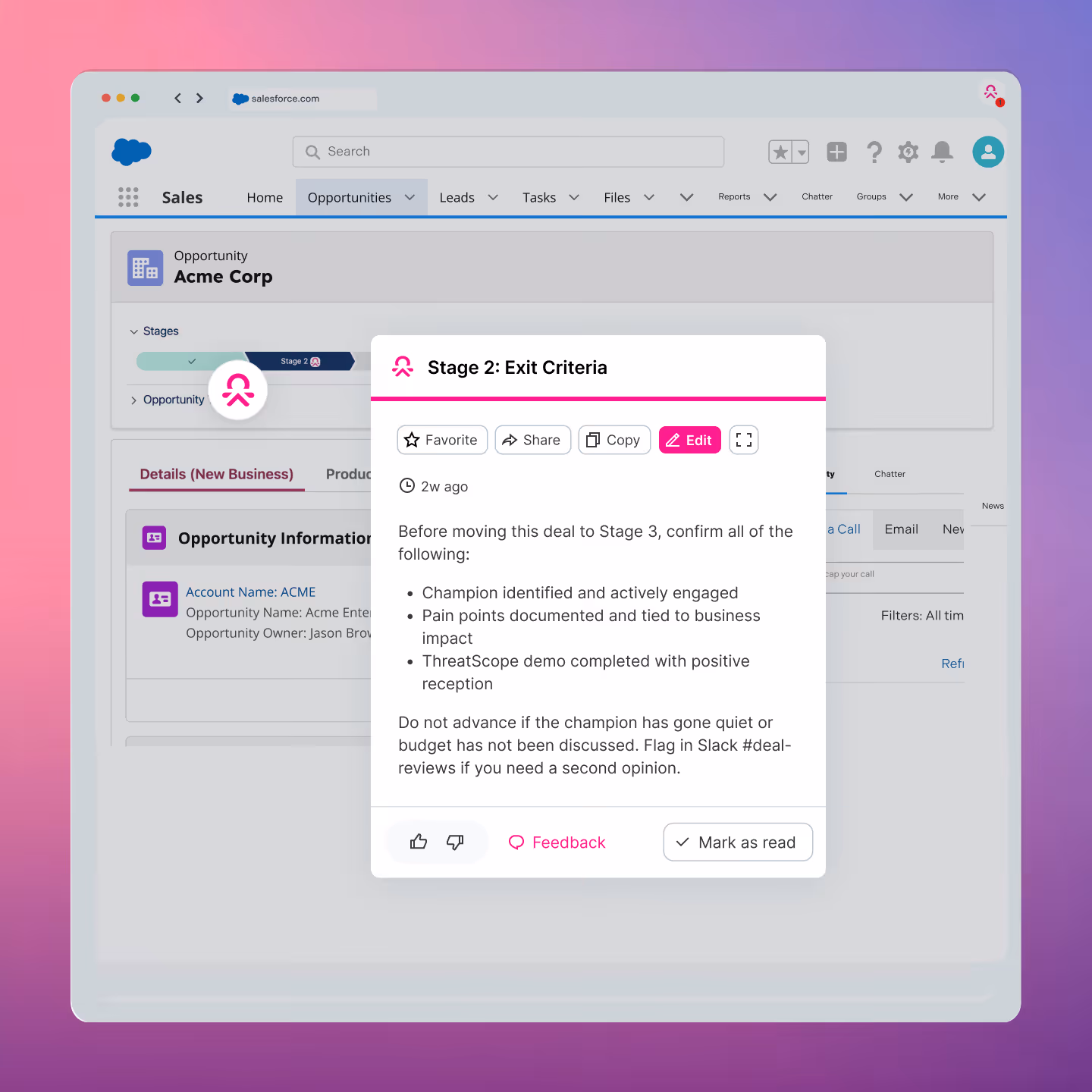 Salesforce interface showing opportunity 'Acme Corp' with a pop-up titled 'Stage 2: Exit Criteria' listing steps to confirm before moving to Stage 3 including champion engagement, pain points documentation, and demo completion.