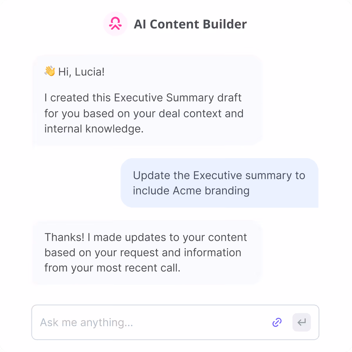 Chat interface of AI Content Builder showing a conversation about creating and updating an Executive Summary draft based on deal context and internal knowledge.