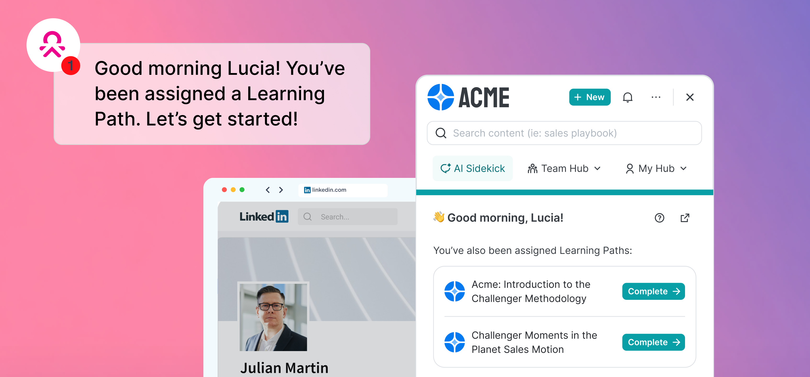 Sidekick delivering Learning Path content in rep's workflow