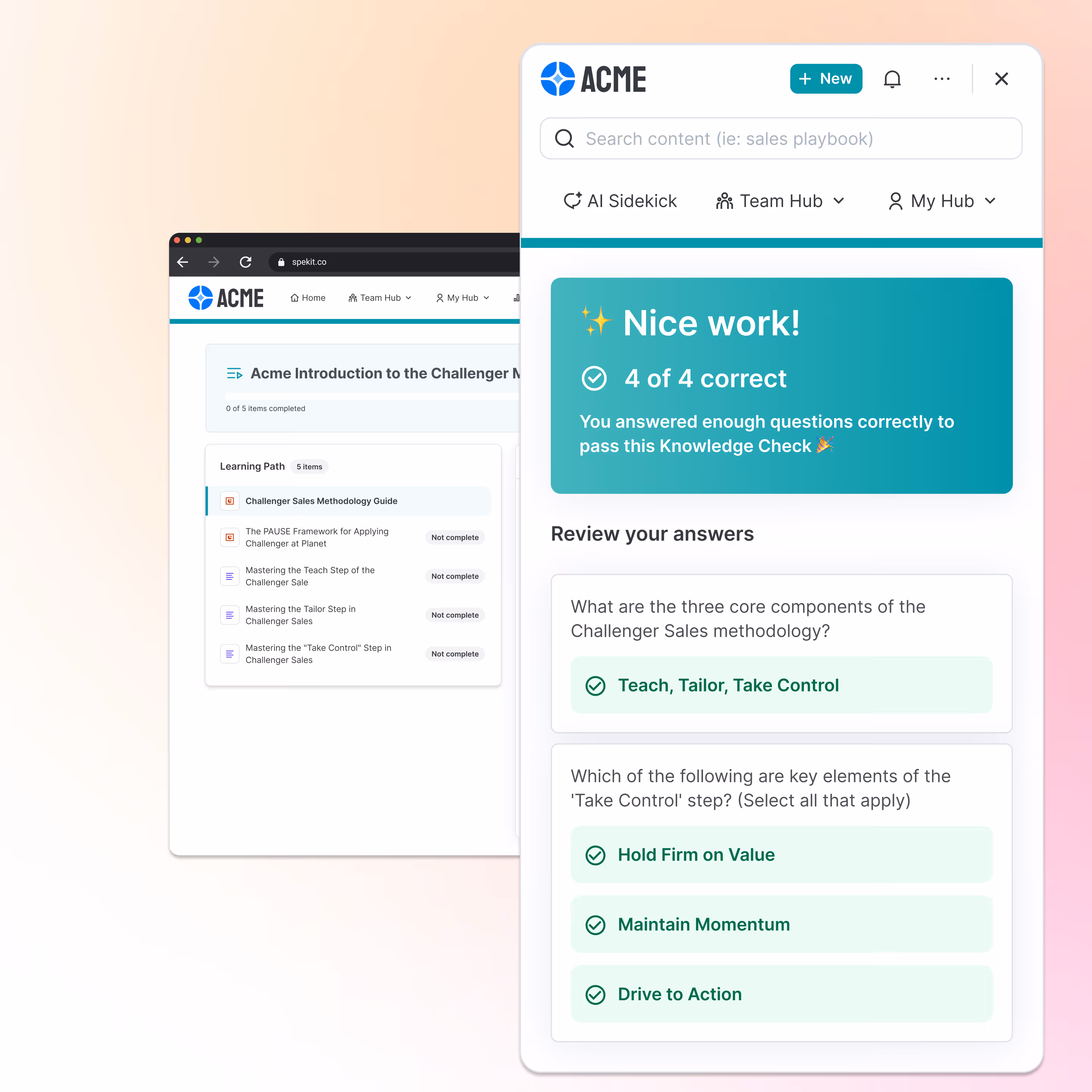 User interface showing a learning path on Challenger Sales Methodology with a knowledge check result stating 4 of 4 correct answers and details of core components and key elements of the methodology.