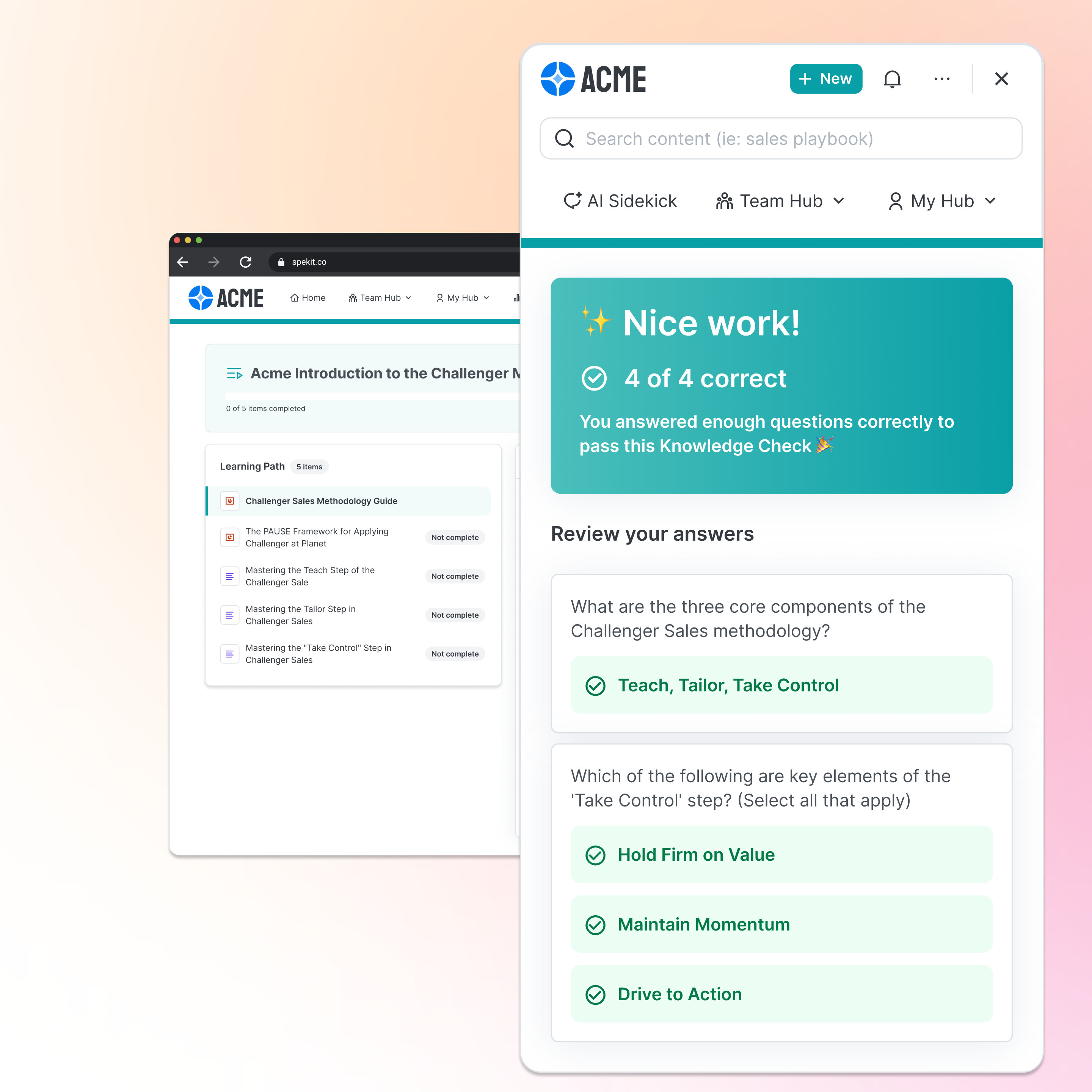 User interface showing a learning path on Challenger Sales Methodology with a knowledge check result stating 4 of 4 correct answers and details of core components and key elements of the methodology.