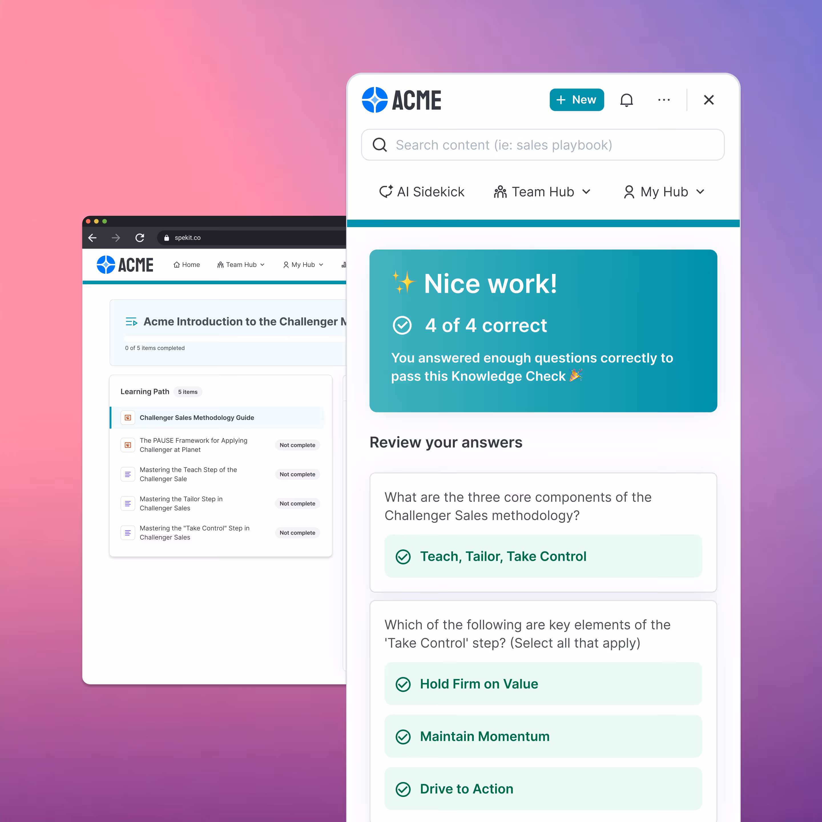 Screenshot of Planet sales training platform showing a completed quiz with 4 of 4 correct answers on Challenger Sales methodology, reviewing core components and key elements of 'Take Control' step.
