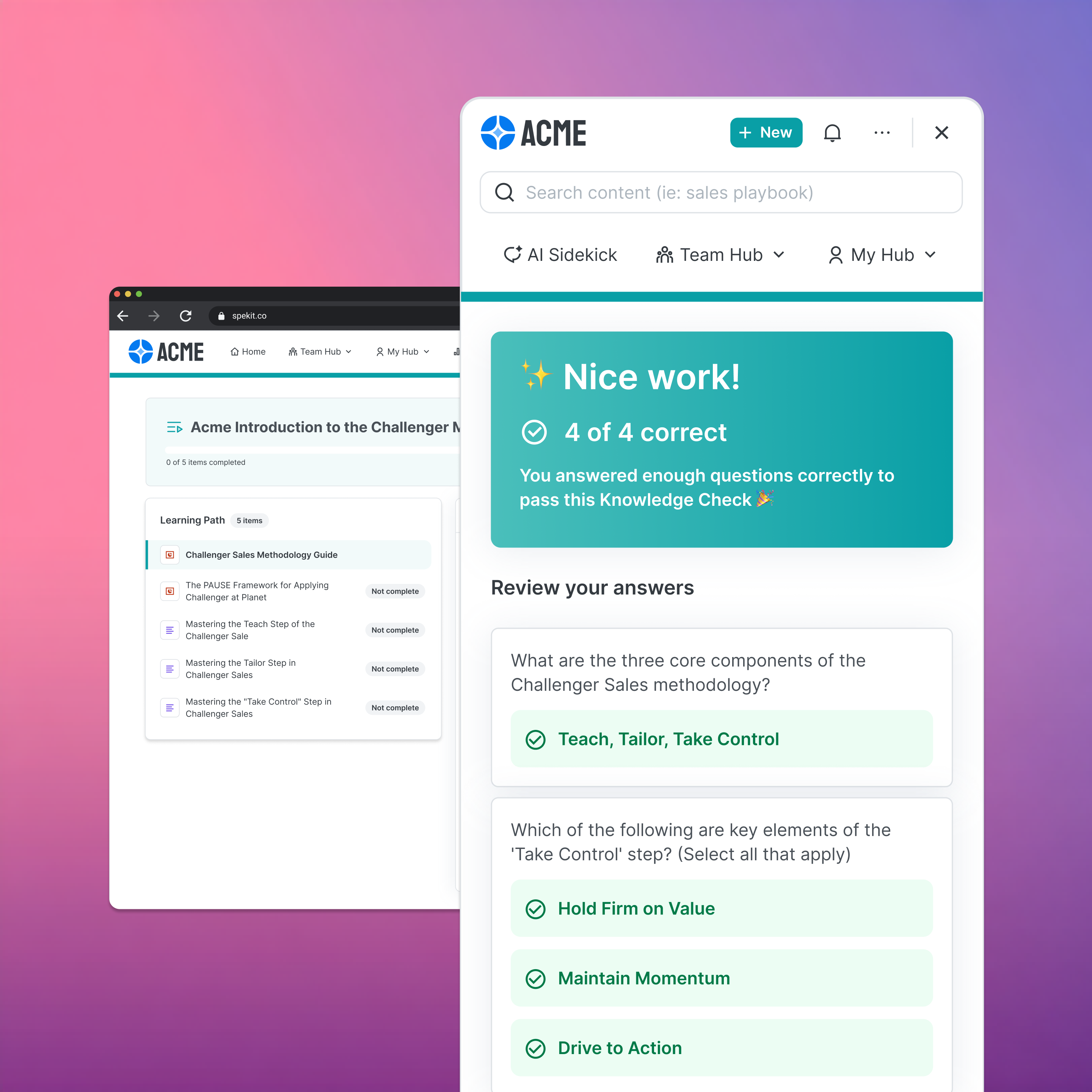 Screenshot of Planet sales training platform showing a completed quiz with 4 of 4 correct answers on Challenger Sales methodology, reviewing core components and key elements of 'Take Control' step.