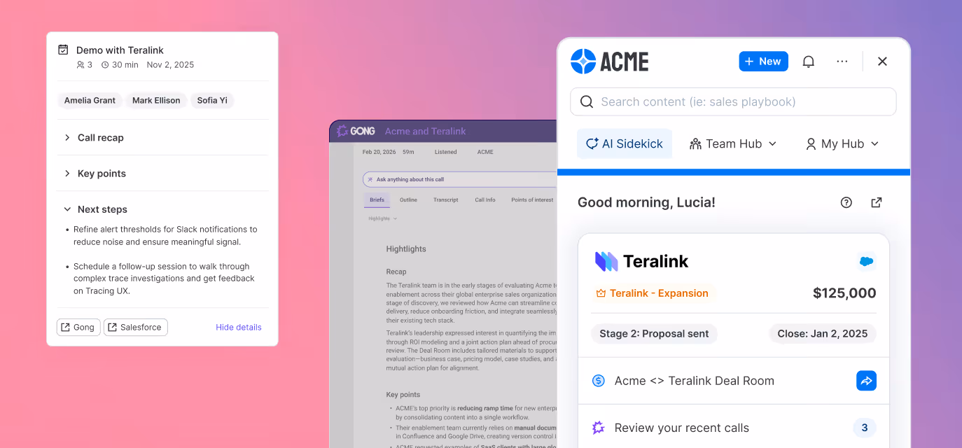 Sidekick surfacing Gong call intelligence for deal coaching