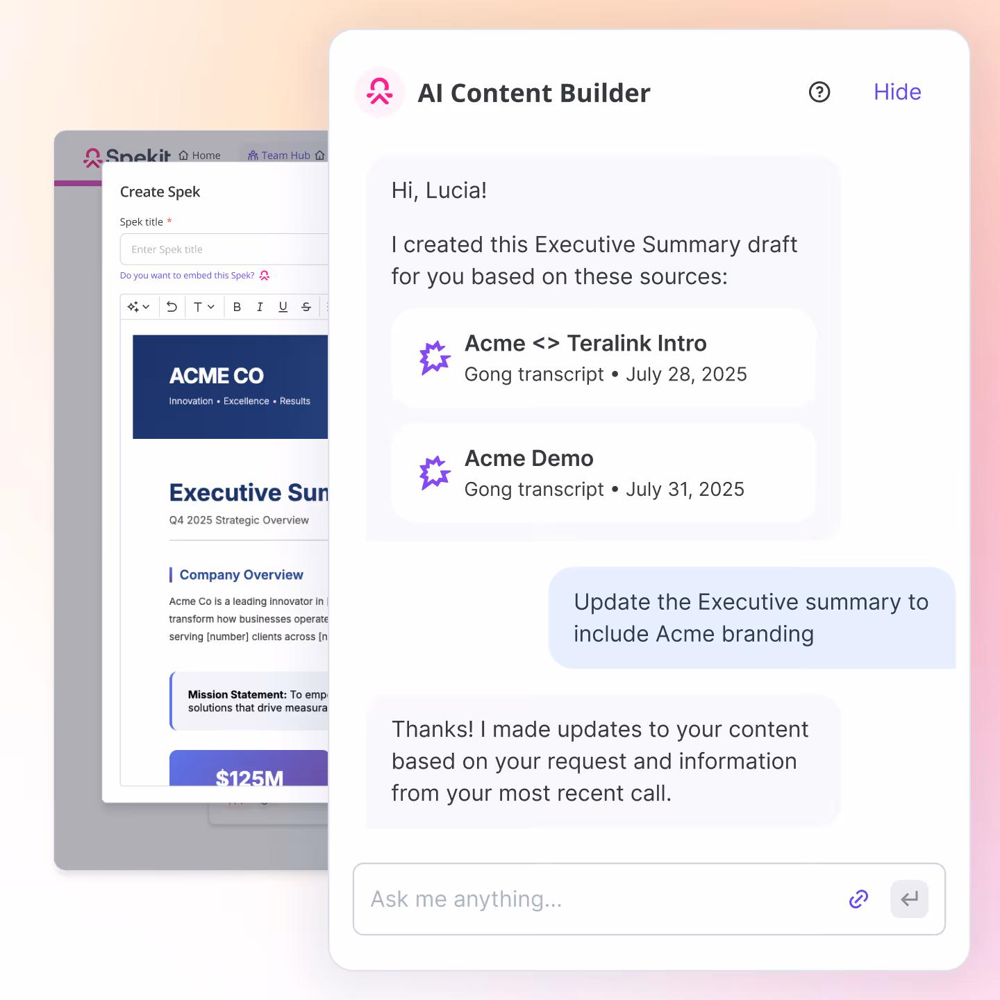 AI Content Builder updating an executive summary based on call data