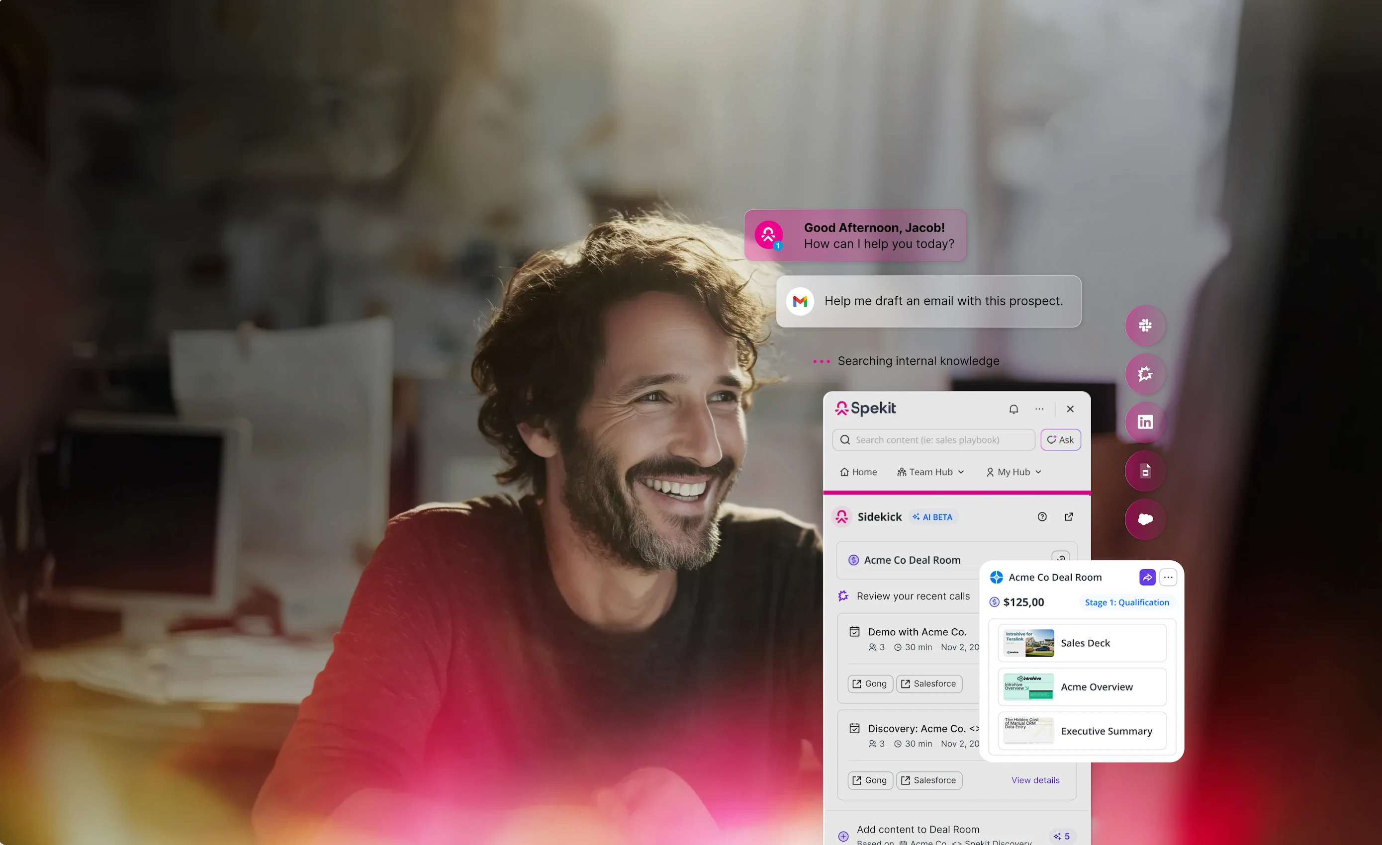 Spekit's Rep Acceleration Platform user interfaces and a smiling man.