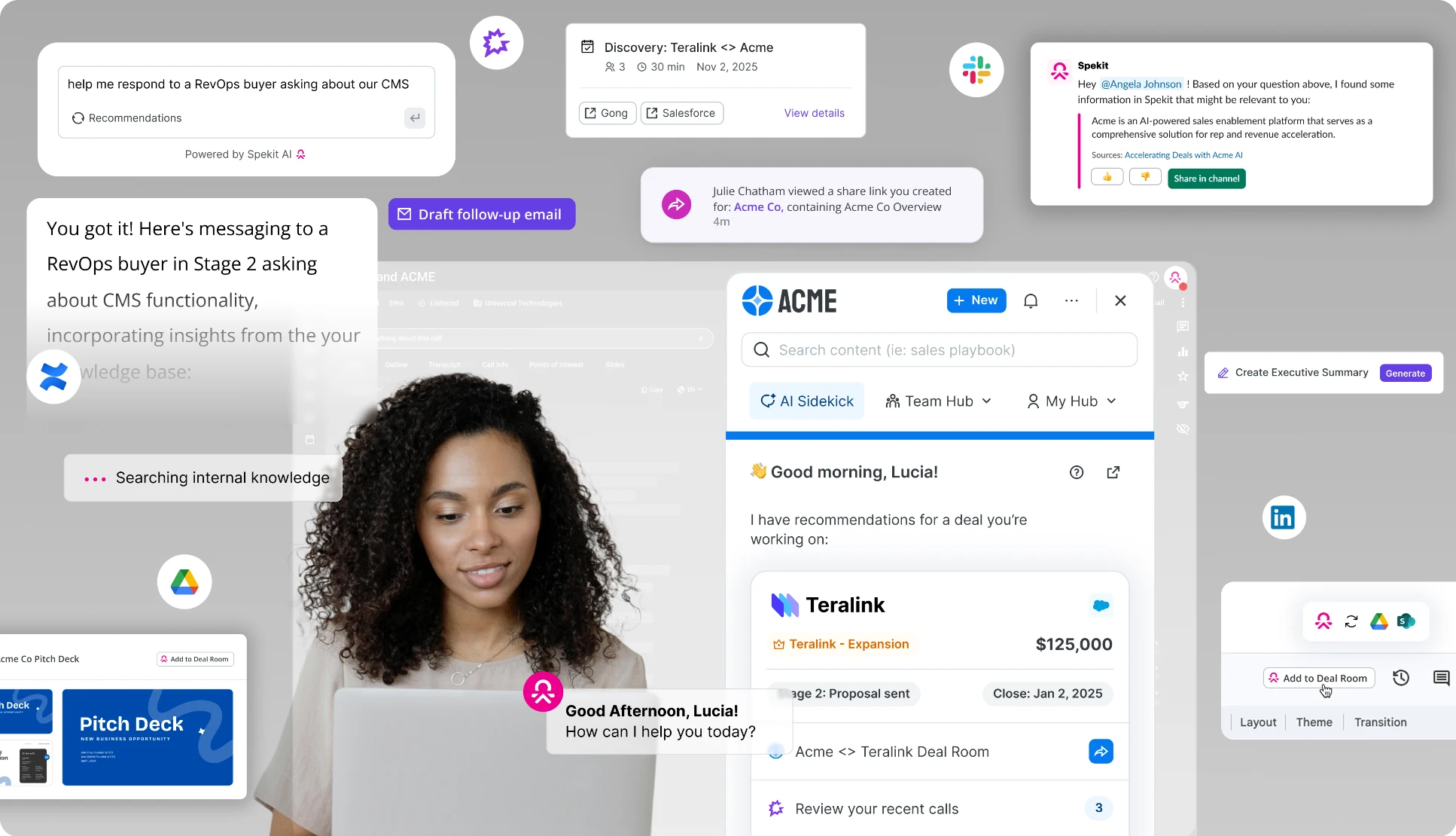 Spekit's Rep Acceleration Platform tools and a smiling woman.