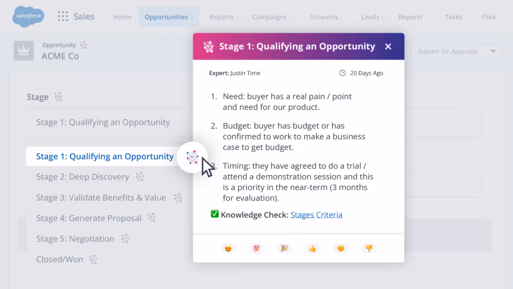 Just-in-time enablement with Spekit in Salesforce for Sales Stages