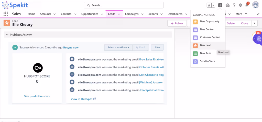 Add actions such create a New Lead, create a New Task, Log a Call, or any other action your users frequently use!