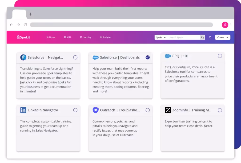 Building out your sales process template in Spekit.
