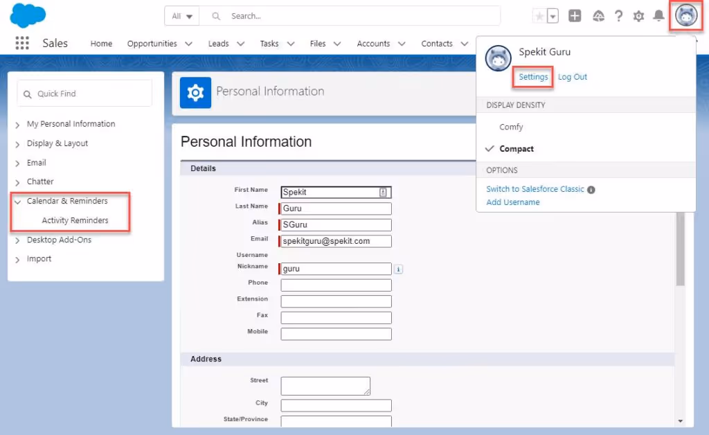 Calendar & Reminders Settings in Salesforce Lightning