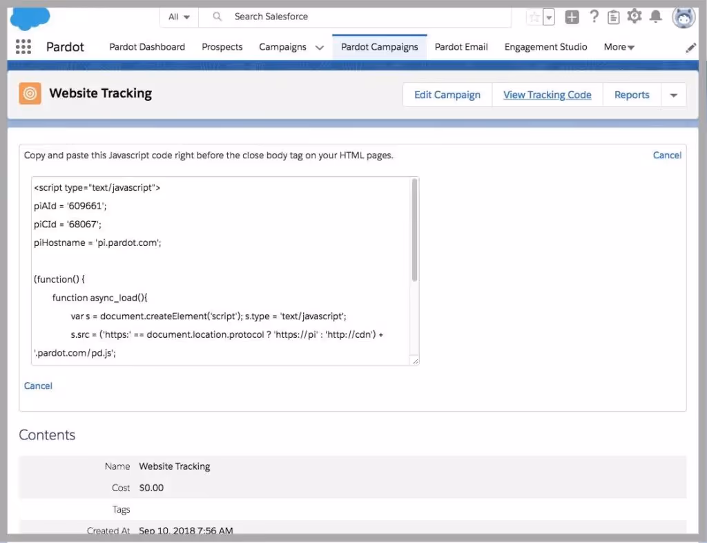 Pardot Tracking Code in Salesforce Pardot