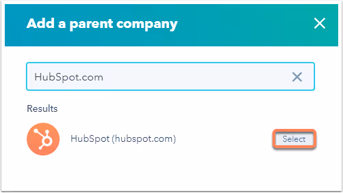 If adding a parent company, search for the desired company in the dialog box and click Select. The parent company will be displayed under Related companies in the right panel. 