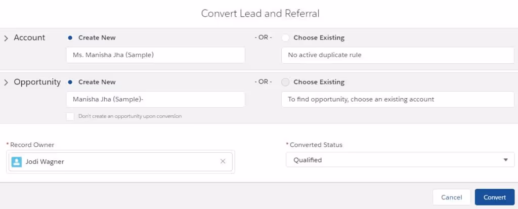 Convert a lead in Financial Services Cloud
