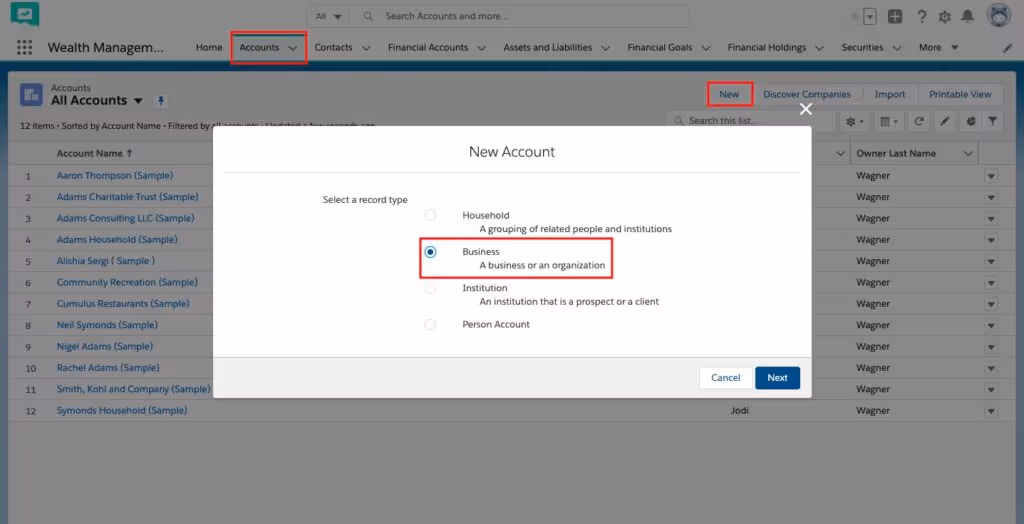 Business Account in Financial Services Cloud