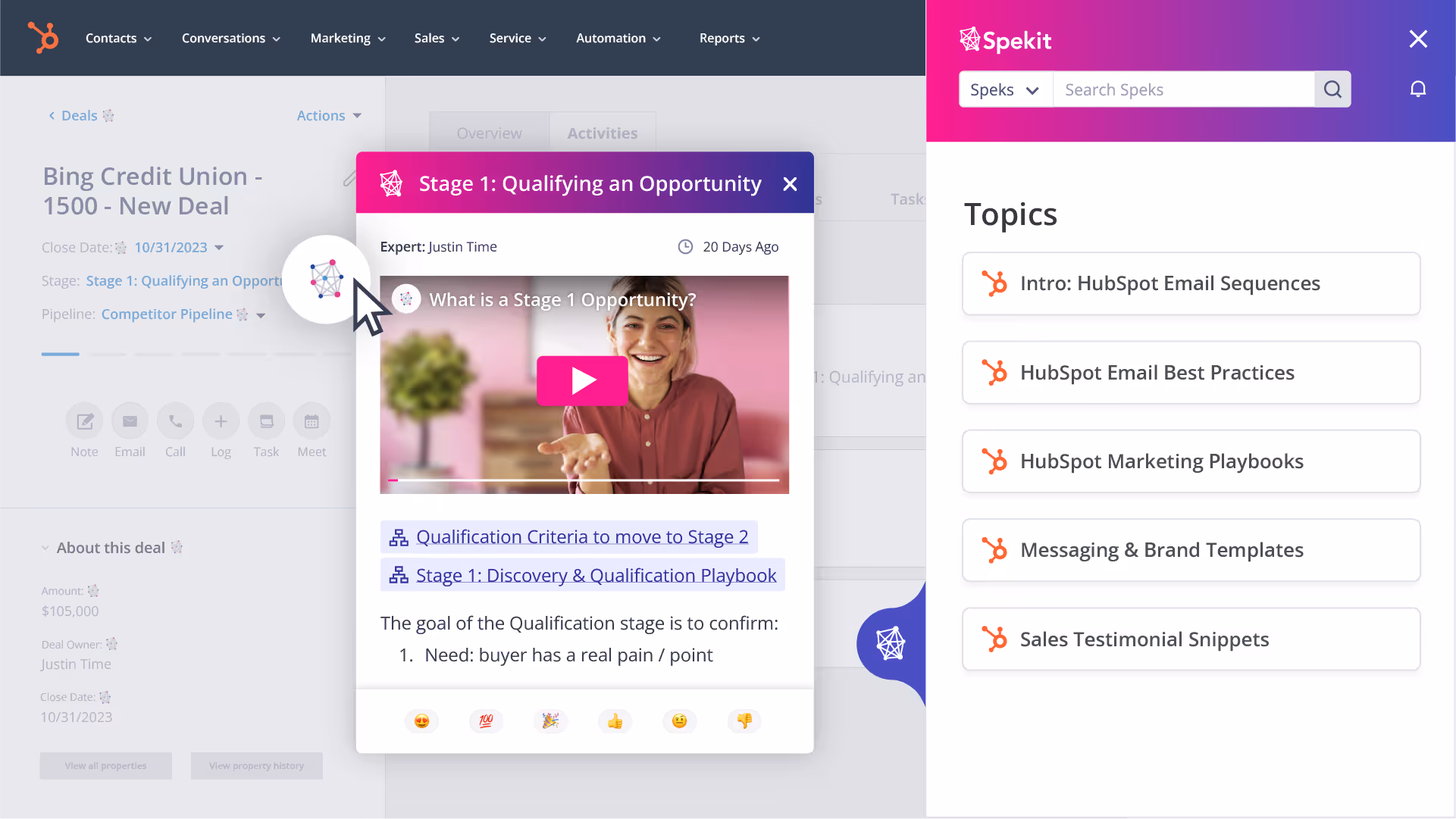 Sales playbooks embedded in HubSpot with Spekit