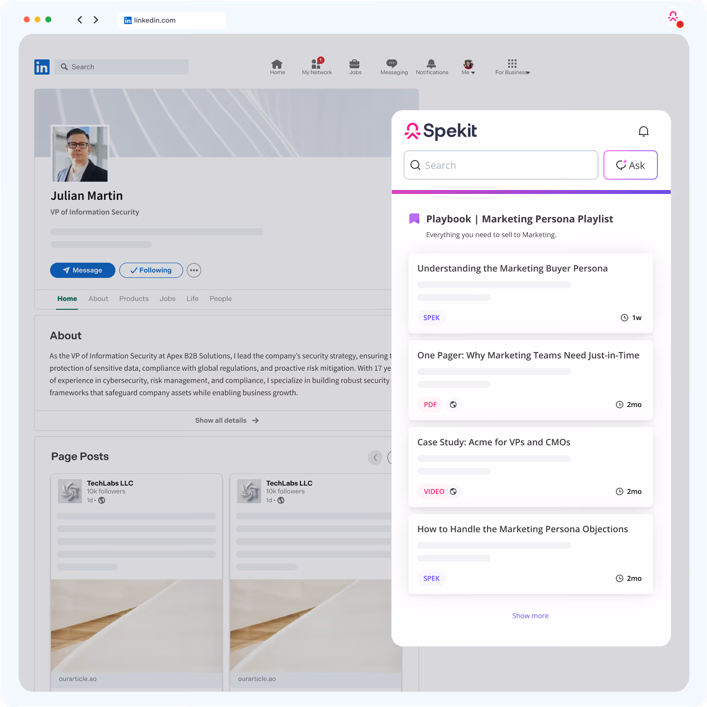 Spekit helps a revenue team member with LinkedIn outreach.