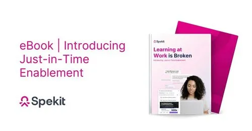Mockup of the ebook with the title "Learning at Work is Broken: Introducing Just-in-Time Enablement"