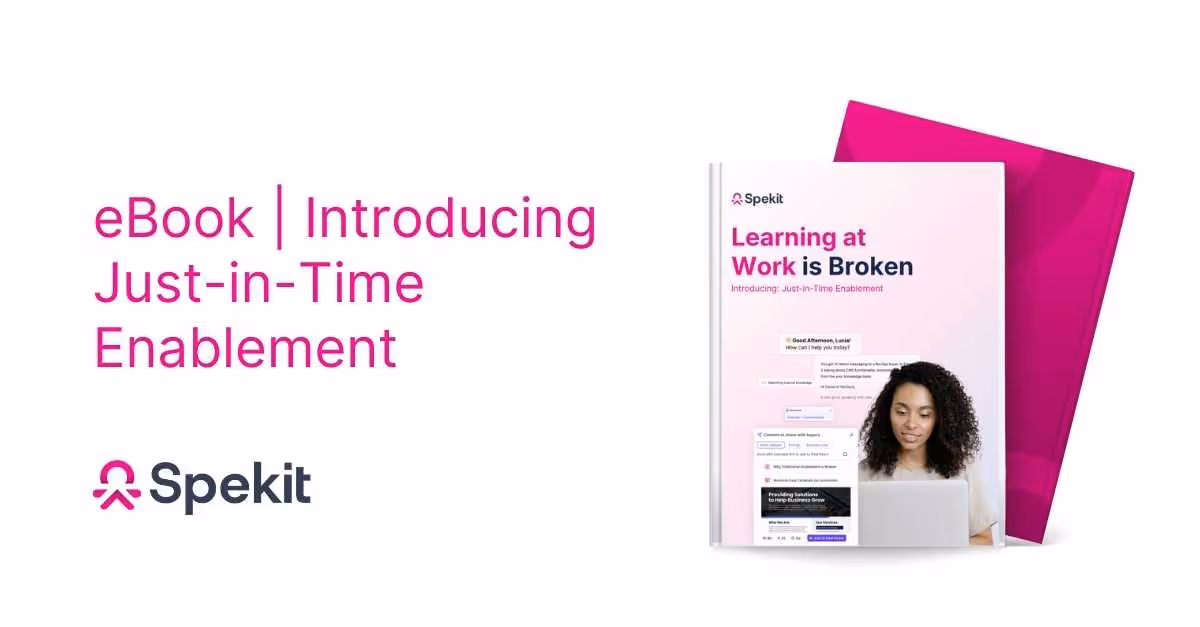 Mockup of the ebook with the title "Learning at Work is Broken: Introducing Just-in-Time Enablement"