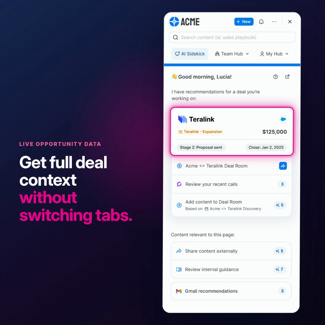 Spekit Unified Deal Context brings opportunity data, conversation intelligence, Deal Room activity, and buyer engagement into AI Sidekick.