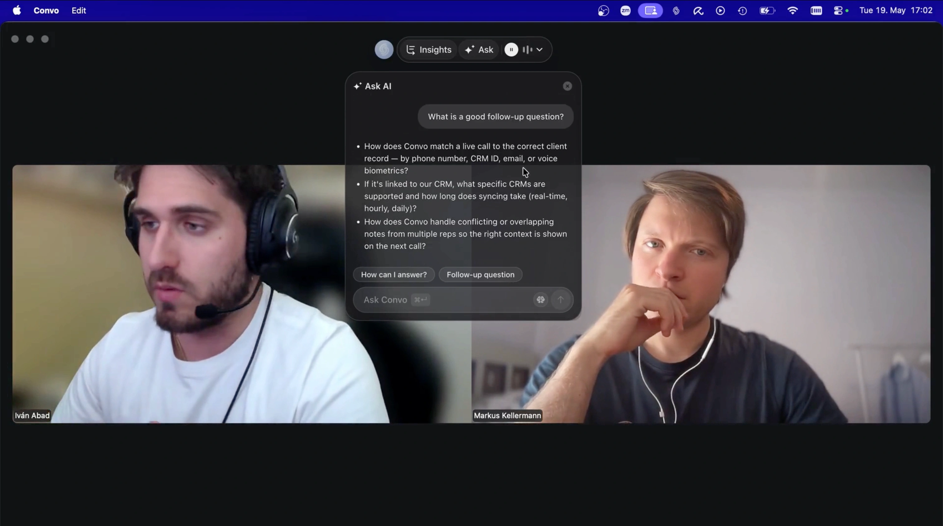 Convo suggesting a follow-up question during a live sales call