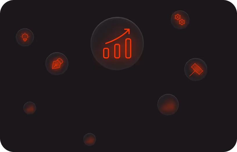 Dark-themed design with floating icons representing business growth, efficiency, and problem-solving, highlighting innovative design solutions.