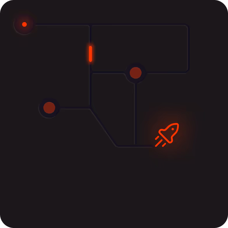 Abstract roadmap with glowing nodes and a rocket icon, visually depicting the transformation of ideas into strategic, actionable plans.