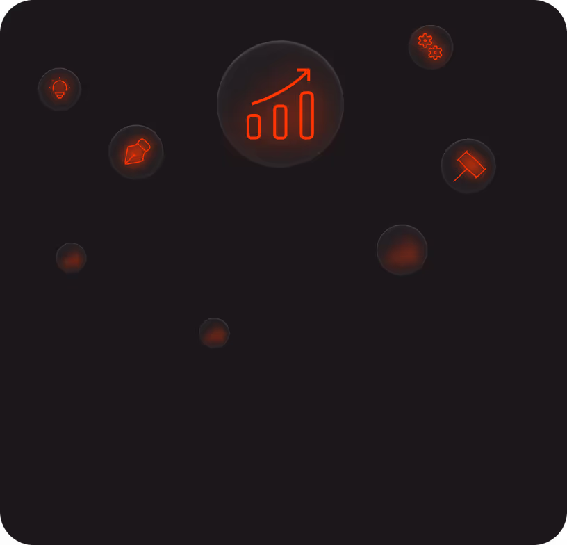 Dark-themed design with floating icons representing business growth, efficiency, and problem-solving, highlighting innovative design solutions.