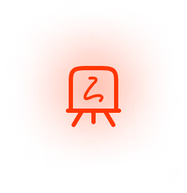 Orange icon of a presentation board with a strategy sketch, symbolizing brainstorming, workshops, or planning.