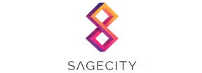 Sagecity logo with a gradient pink and orange interwoven ‘8’ symbol, paired with light gray uppercase text.