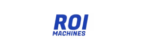 ROI Machines logo with bold blue uppercase text, slanted to the right for a dynamic effect.