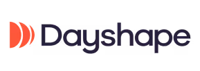 Dayshape logo with a dark purple modern font and an orange-red wave-like icon