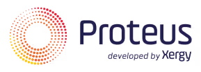 Proteus logo with a circular dotted gradient pattern in orange and yellow, next to bold purple text and a smaller gray tagline.