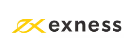 Exness logo with a stylized yellow abstract symbol and lowercase gray text.