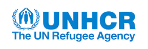 UNHCR logo featuring a blue emblem with two hands protecting a person, alongside the organization's name in bold blue uppercase letters.