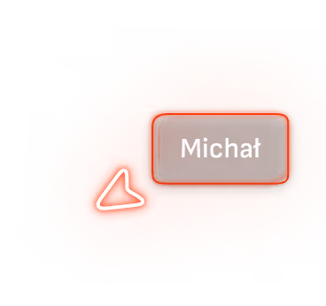 Glowing orange label with the name 'Michał' and an arrow pointing towards a man in a black turtleneck, arms crossed, looking directly at the camera.