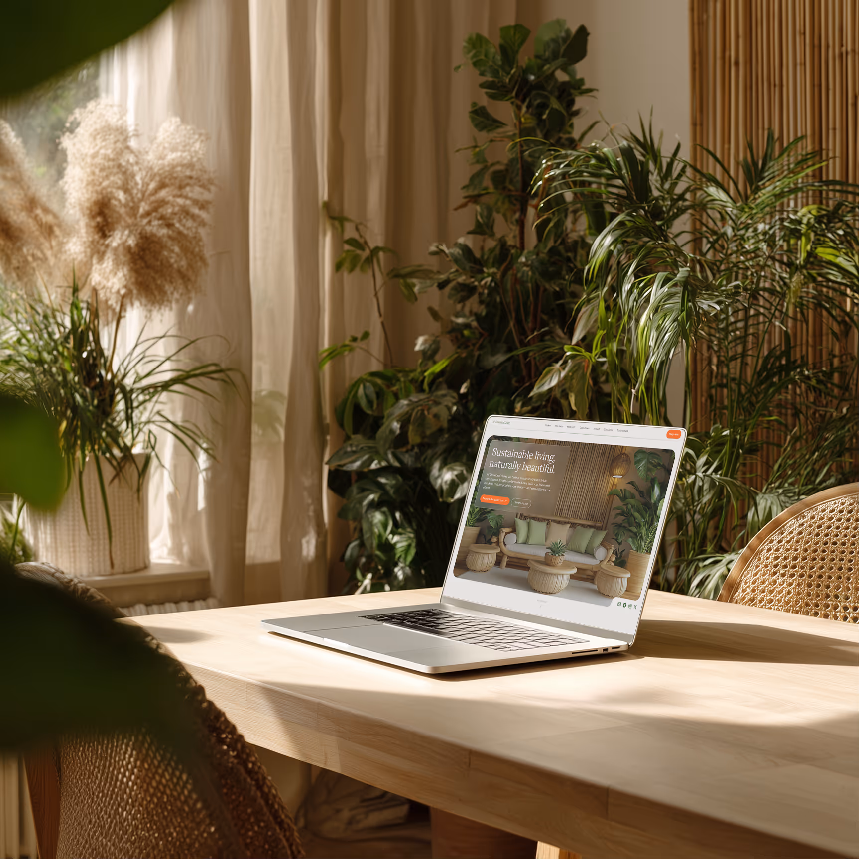 Eco-friendly furniture website displayed on a laptop in a sunlit room with indoor plants and natural wooden decor, promoting sustainable living.