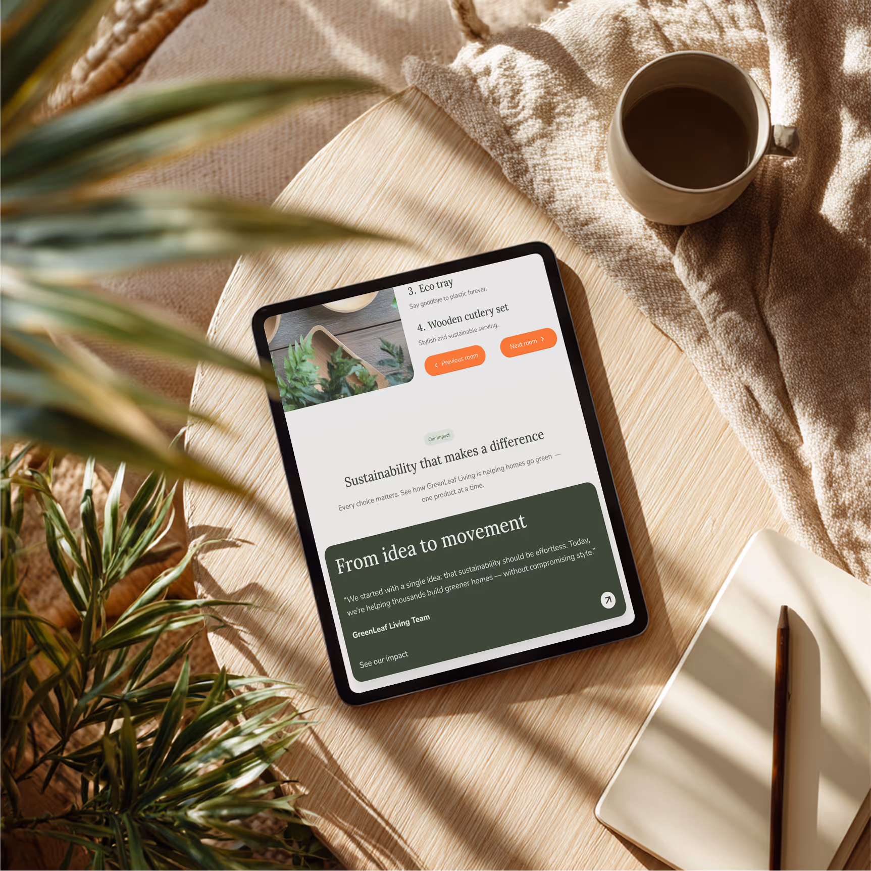 Tablet showcasing sustainable lifestyle content on a wooden table with a ceramic cup, greenery, and woven fabric, emphasizing eco-conscious living.