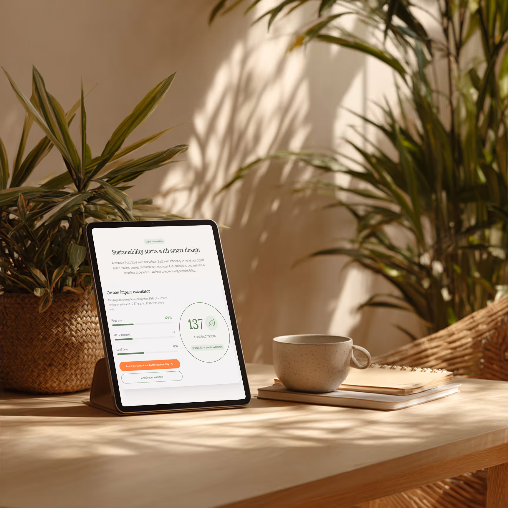 Tablet displaying a carbon impact calculator for a sustainable website, placed on a wooden desk with a ceramic cup and notepad, surrounded by indoor plants and natural light.