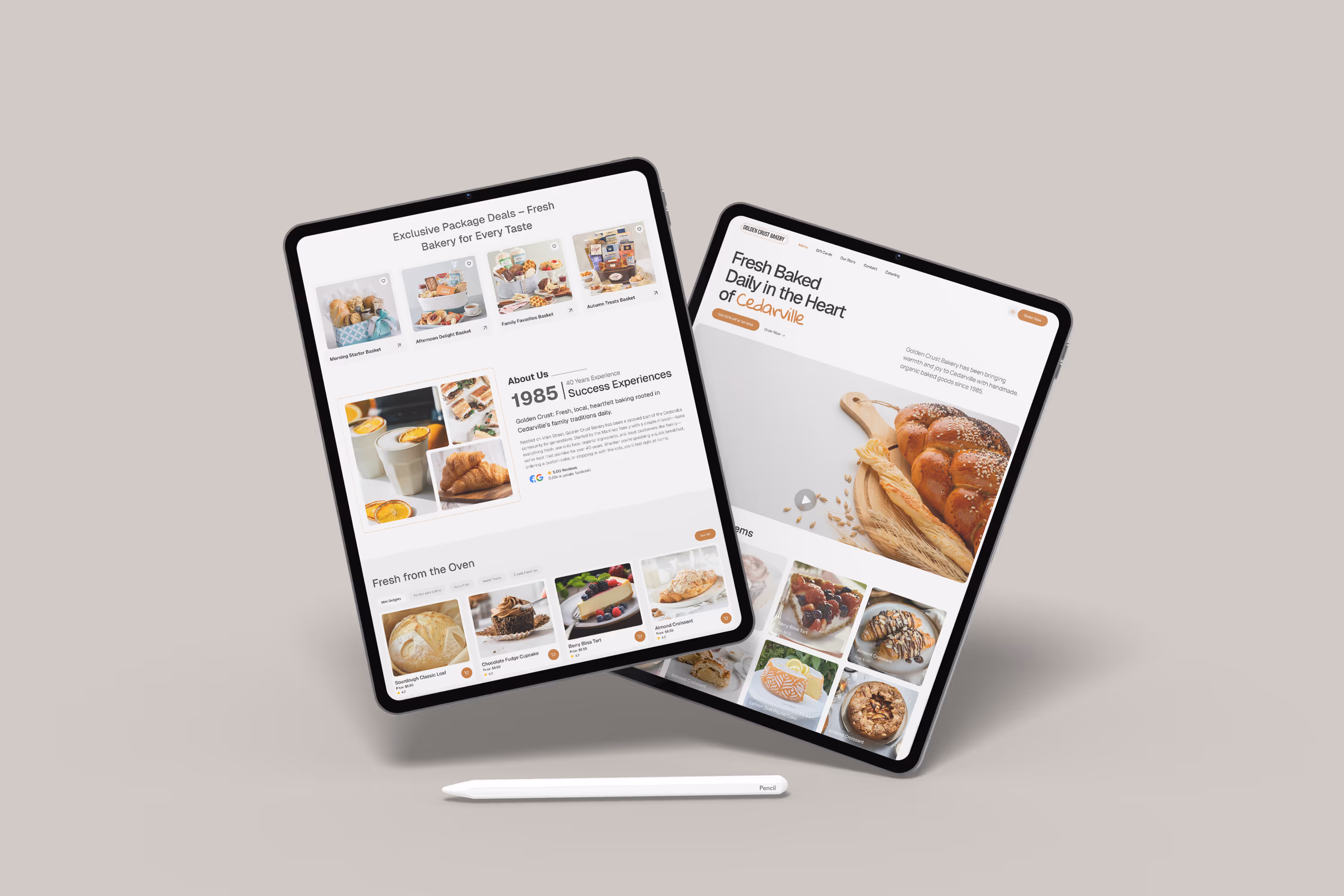 Tablet mockups displaying a bakery website with product categories, featured baked goods, and promotional offers, presented on a neutral background with a white stylus.